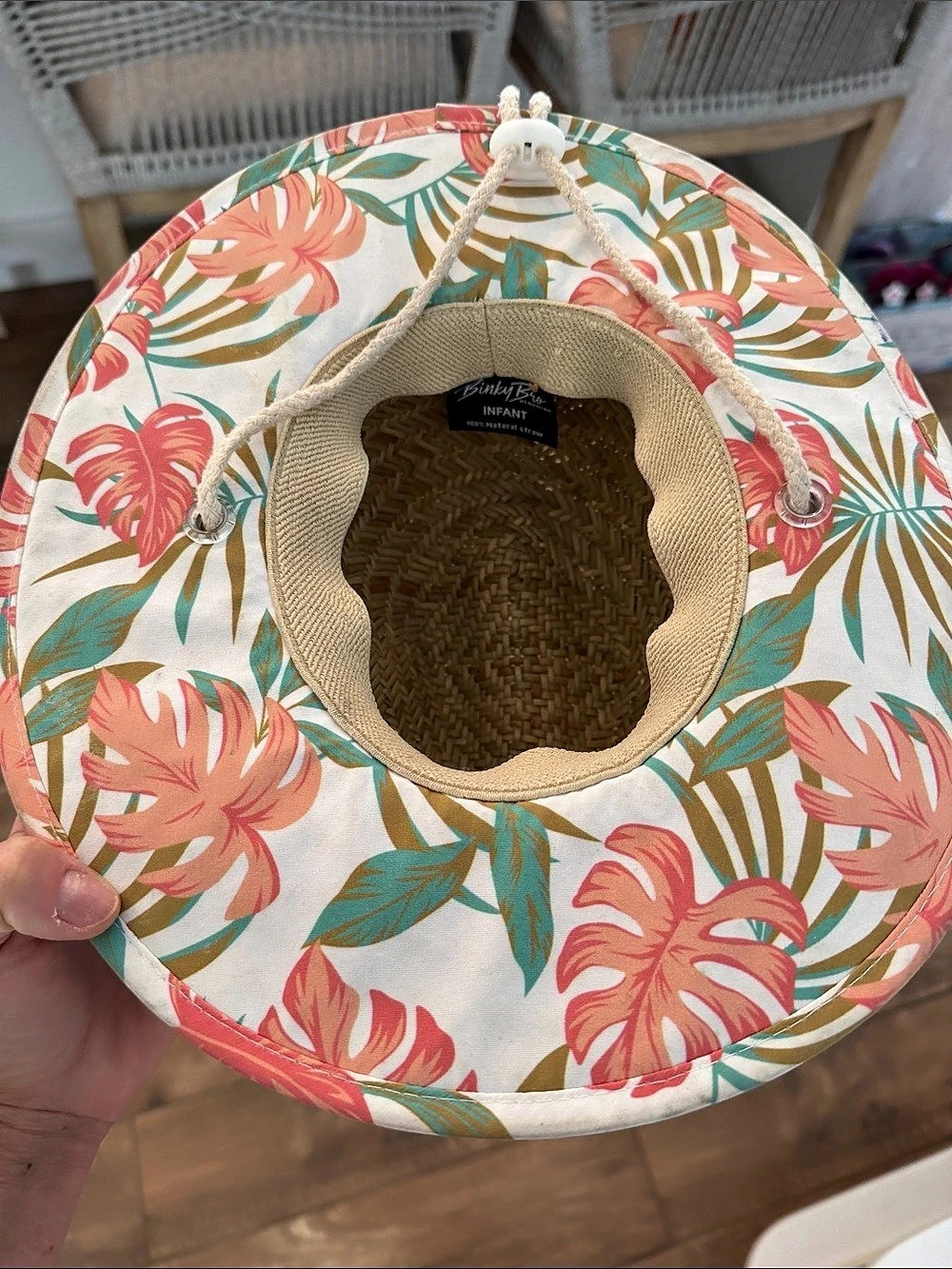 BinkyBro Straw Lifeguard Hat Floral White & Pink Like New